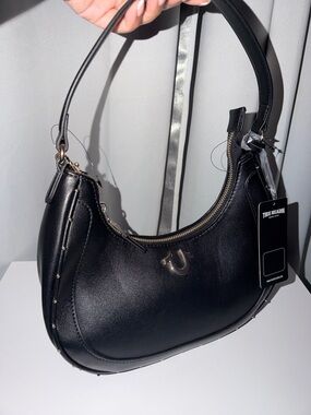 True Religion Black Leather Crescent Shoulder Bag with Gold Hardware